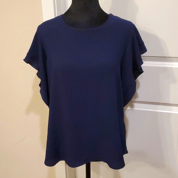 Mango Dark Navy Blue Short Ruffled Sleeve Crew Neck Top Blouse L - Picture 1 of 8